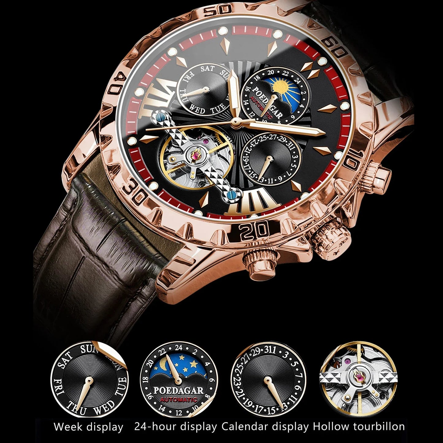 Luxury Automatic Male Watch Date Week Luminous Waterproof Tourbillon Men Watch Leather Fashion Mechanical Men's Watches