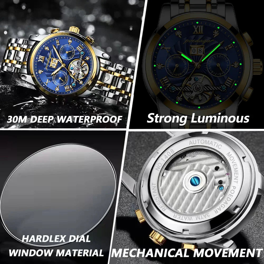 Luxury Automatic Mechanical Wristwatch Stainless Steel Tourbillon Man Watch Waterproof Luminous Business Men's Watches