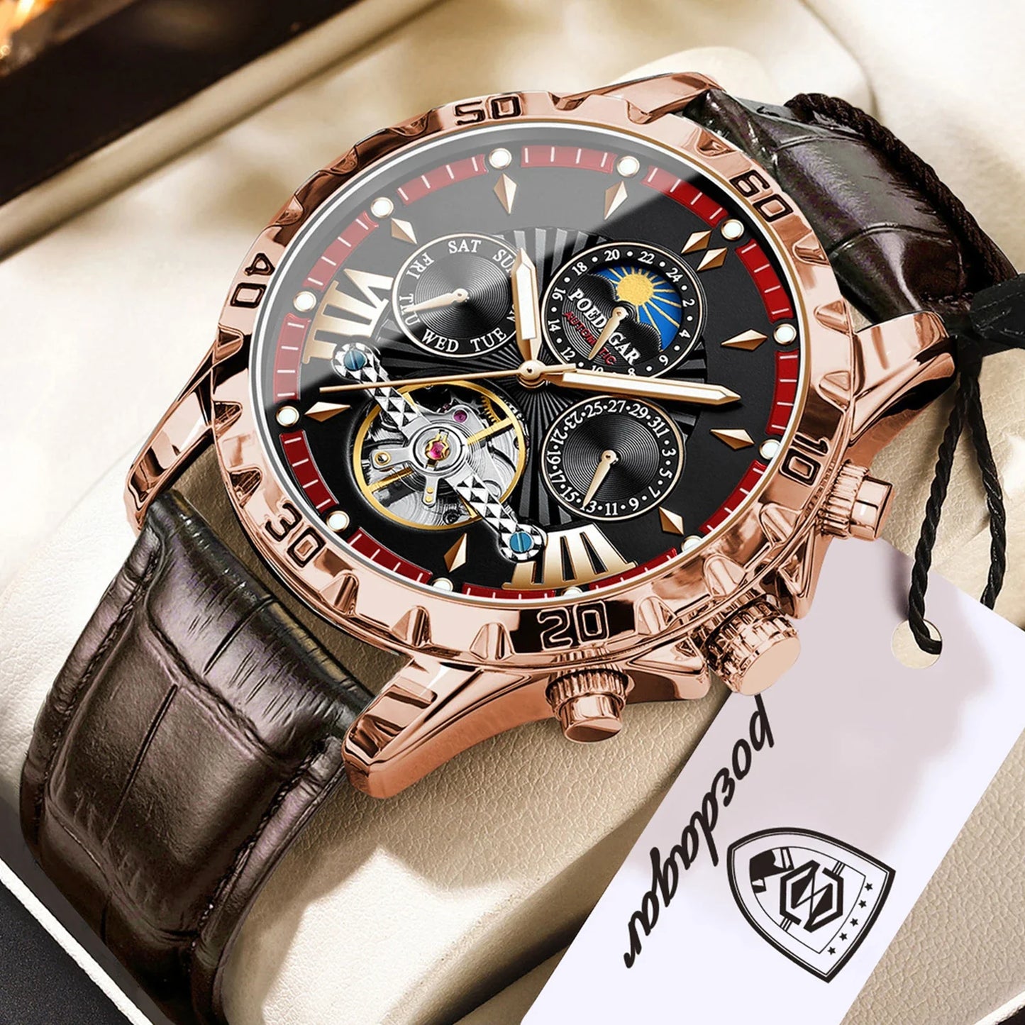 Luxury Automatic Male Watch Date Week Luminous Waterproof Tourbillon Men Watch Leather Fashion Mechanical Men's Watches