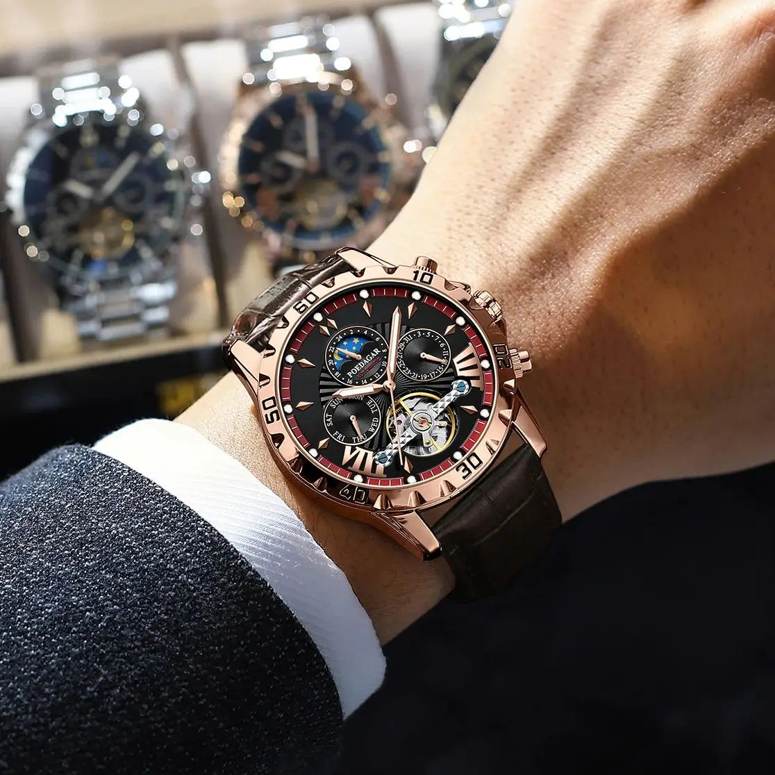 Luxury Automatic Male Watch Date Week Luminous Waterproof Tourbillon Men Watch Leather Fashion Mechanical Men's Watches